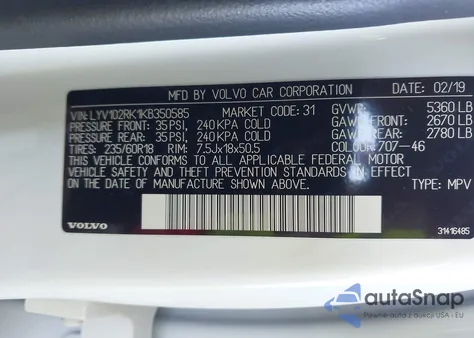 2019 Volvo Xc60 T5 Momentum z USA, uszkodzony, nr VIN LYV102RK1KB350585